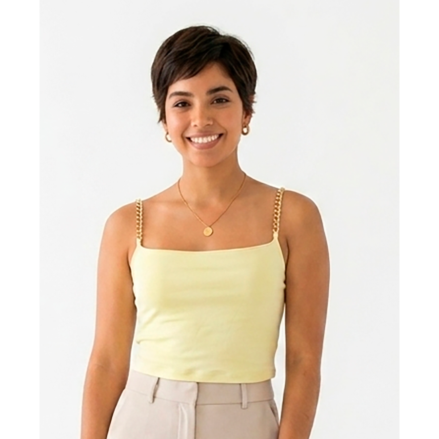 Blusa mujer amarilla escotada de tiras doradas
