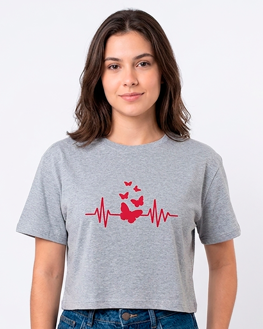 Blusa corta,  mujer, gris, pulsaciones y mariposas rojas
