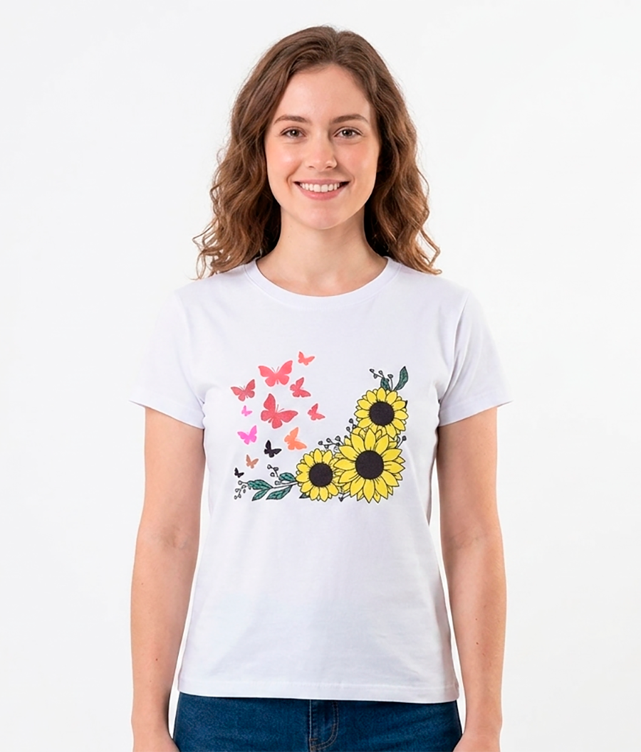 Camiseta  blanca mariposas y girasoles