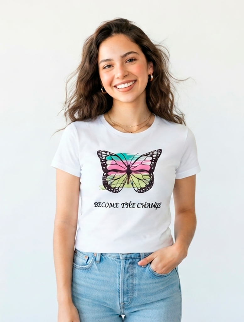 Blusa mujer corta, blanca, mariposa multicolor become the change