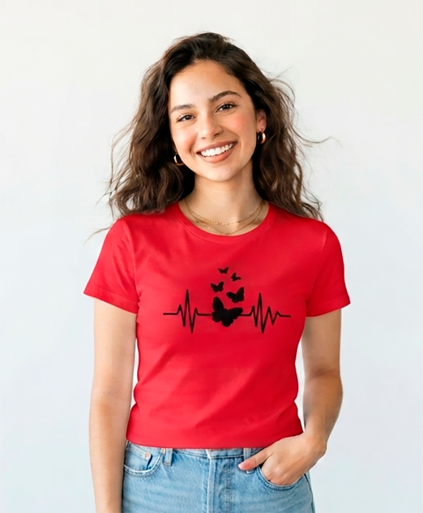 Blusa mujer corta, roja, pulsaciones y mariposas negras