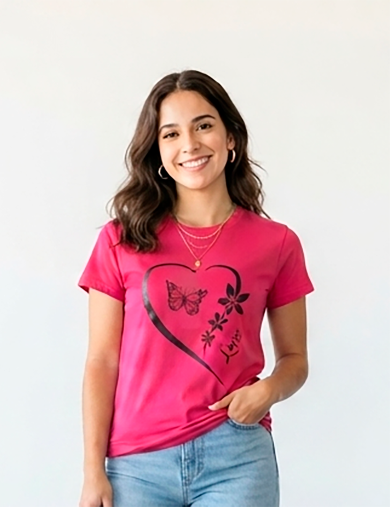 Camiseta mujer, roja, love pétalos negros y mariposas