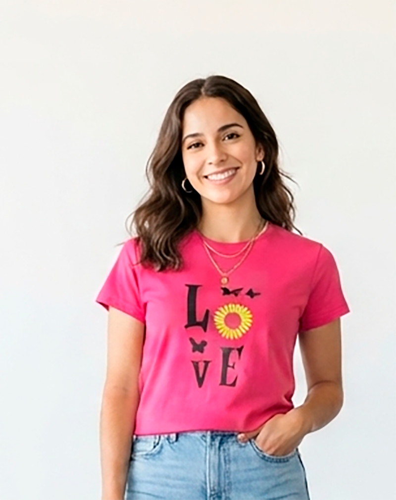 Camiseta mujer, roja, love, girasol y mariposa