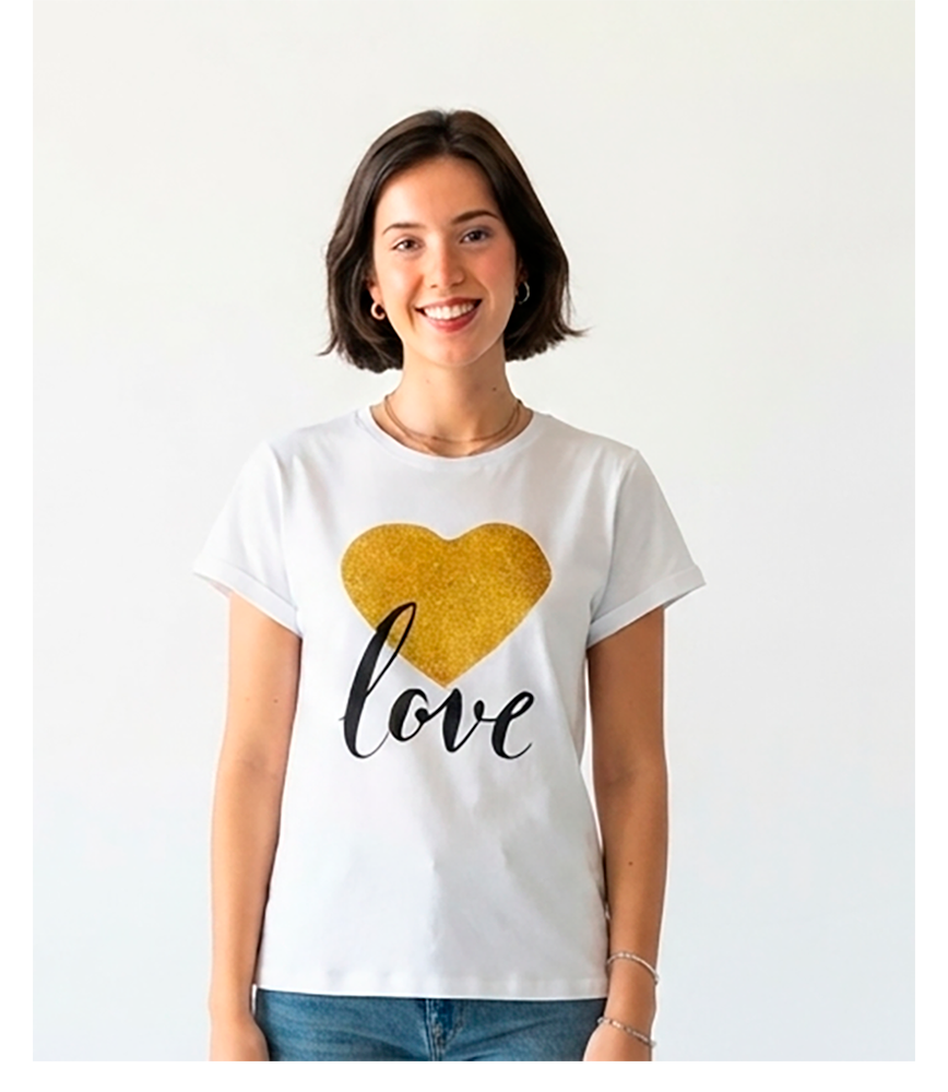 Camiseta mujer corazón escarchado amarillo, love negro