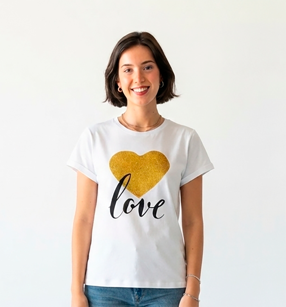 Camiseta mujer corazón escarchado amarillo, love azul