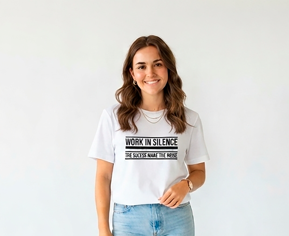 Camiseta mujer, blanca, Work in silence