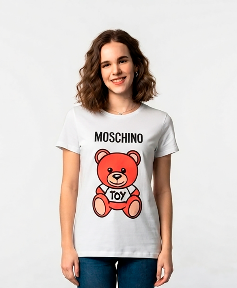 Camiseta mujer, blanca, mangas cortas, Moschino, sublimada