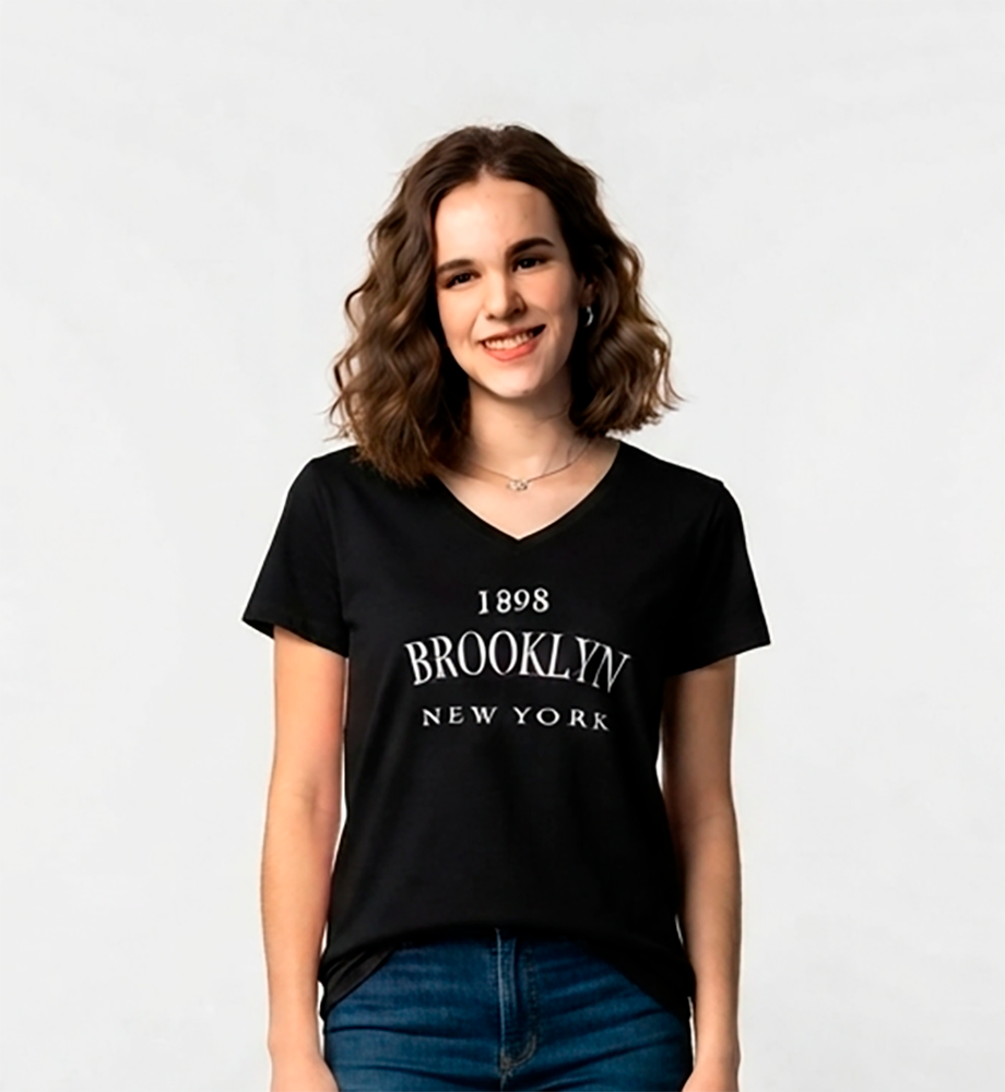 Camiseta negra, mujer, mangas cortas, Brooklyn, estampado blanco