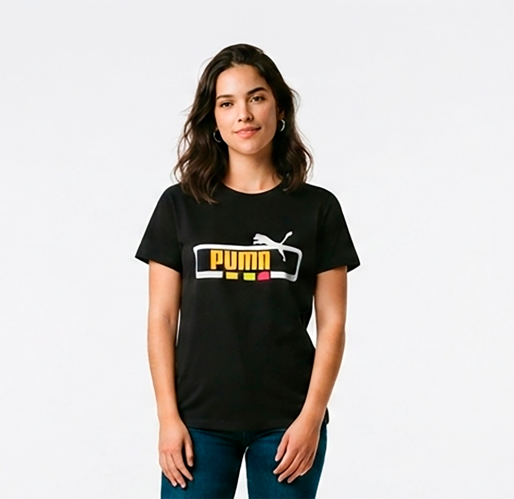 Camiseta negra, mujer, mangas cortas, Puma tres colores. Estampada