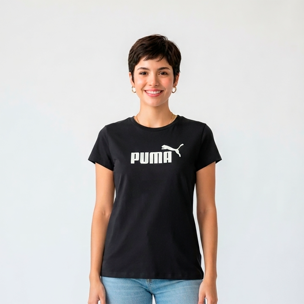 Camiseta negra, mujer, mangas cortas, Puma blanco, estampada