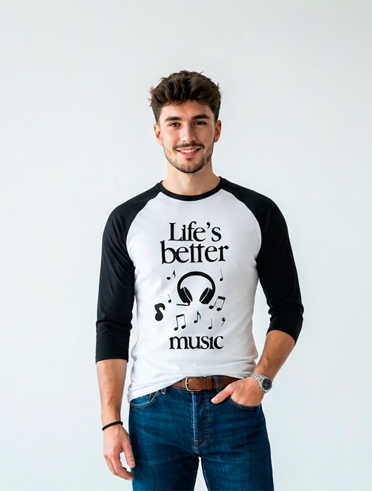 Camiseta hombre blanca mangas negras  La vida es mejor con música
