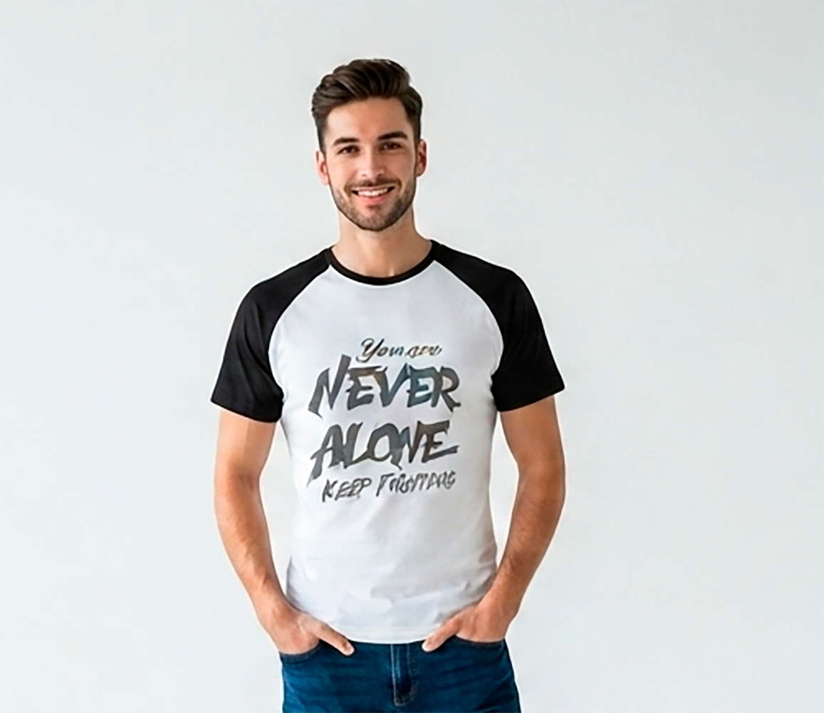 Camiseta Hombre, blanca, de mangas negras, you are never alone keep fighting