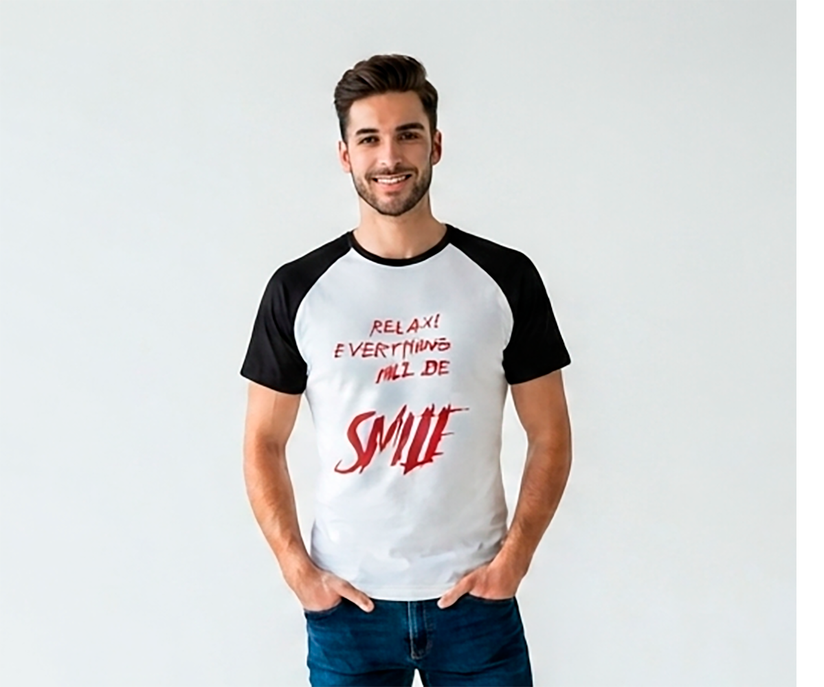 Camiseta Hombre, blanca, de mangas negras, relax everything will be Smile