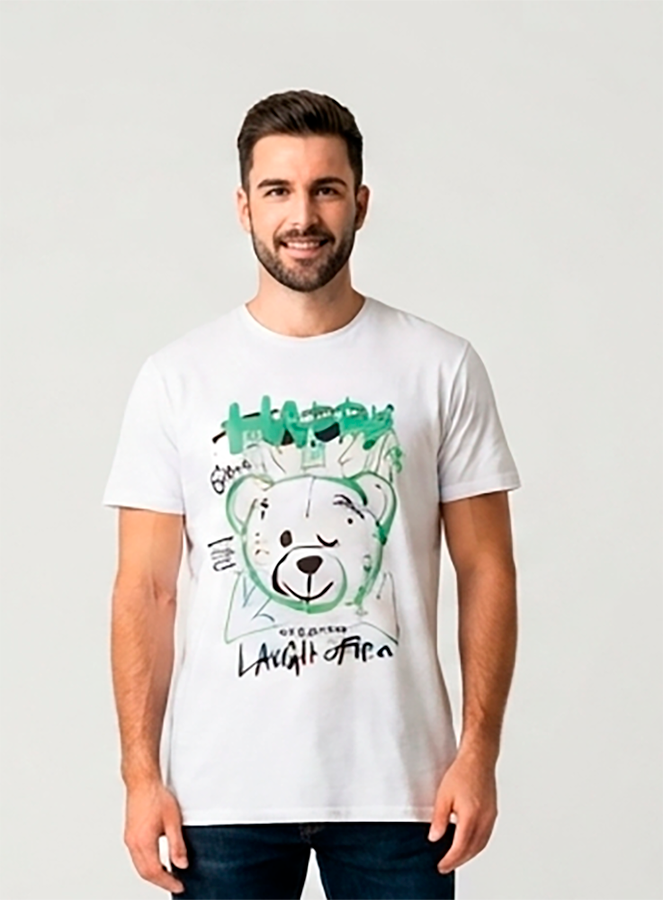 Camiseta hombre blanca Oso verde feliz