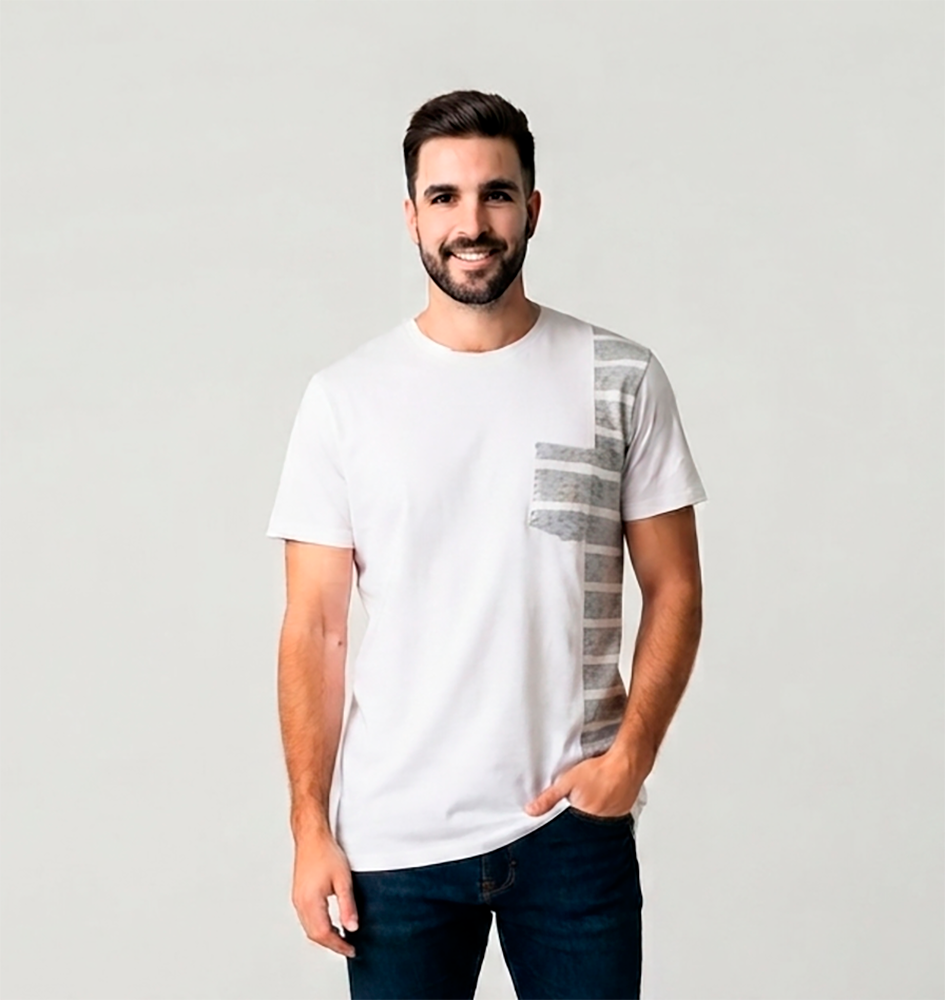Camiseta hombre blanca, franja gris tela estampada gris y blanco