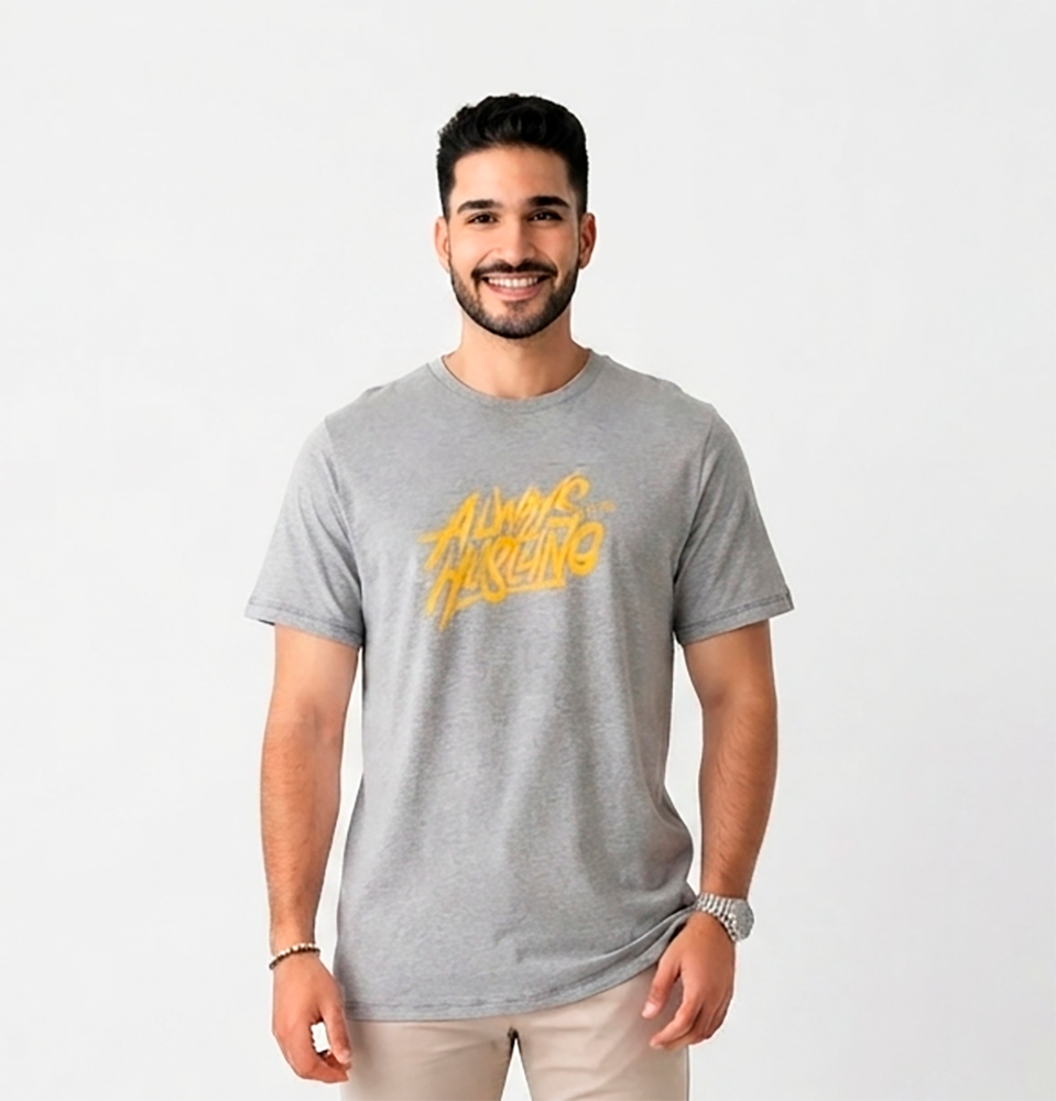 Camiseta Hombre, gris, mangas cortas, Always Hustling amarillo