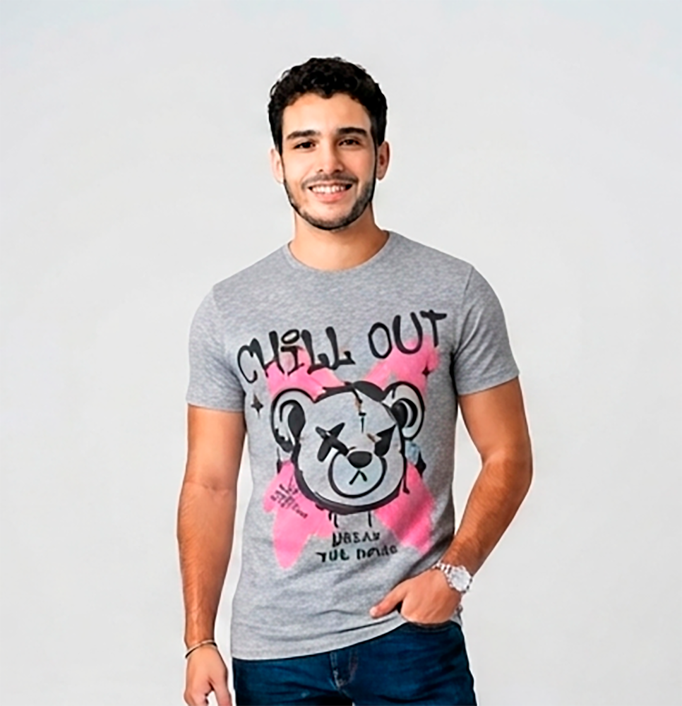 Camiseta hombre, gris, mangas cortas, algodón, estampada DTF, Oso Chill Out 