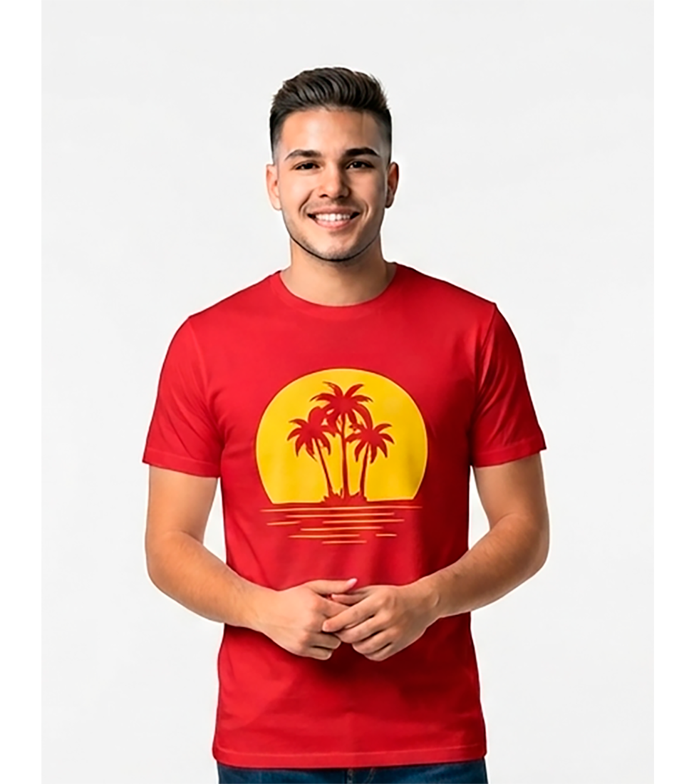 Camiseta Hombre, roja, mangas cortas, tres palmeras